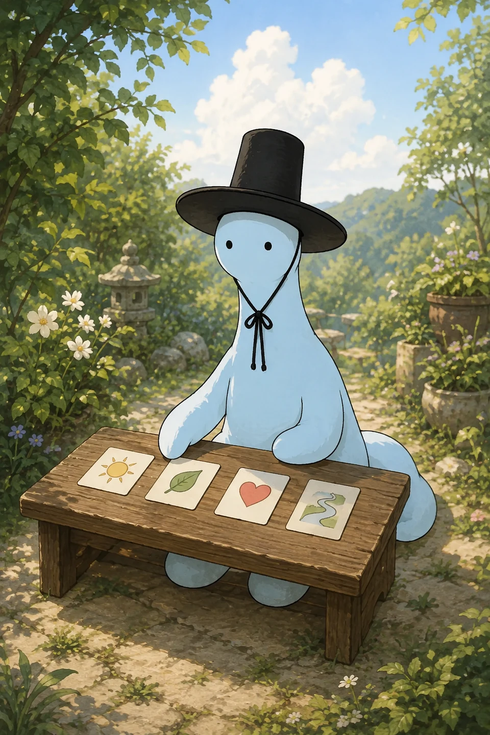 네 장의 그림 카드를 살펴보는 브라키오